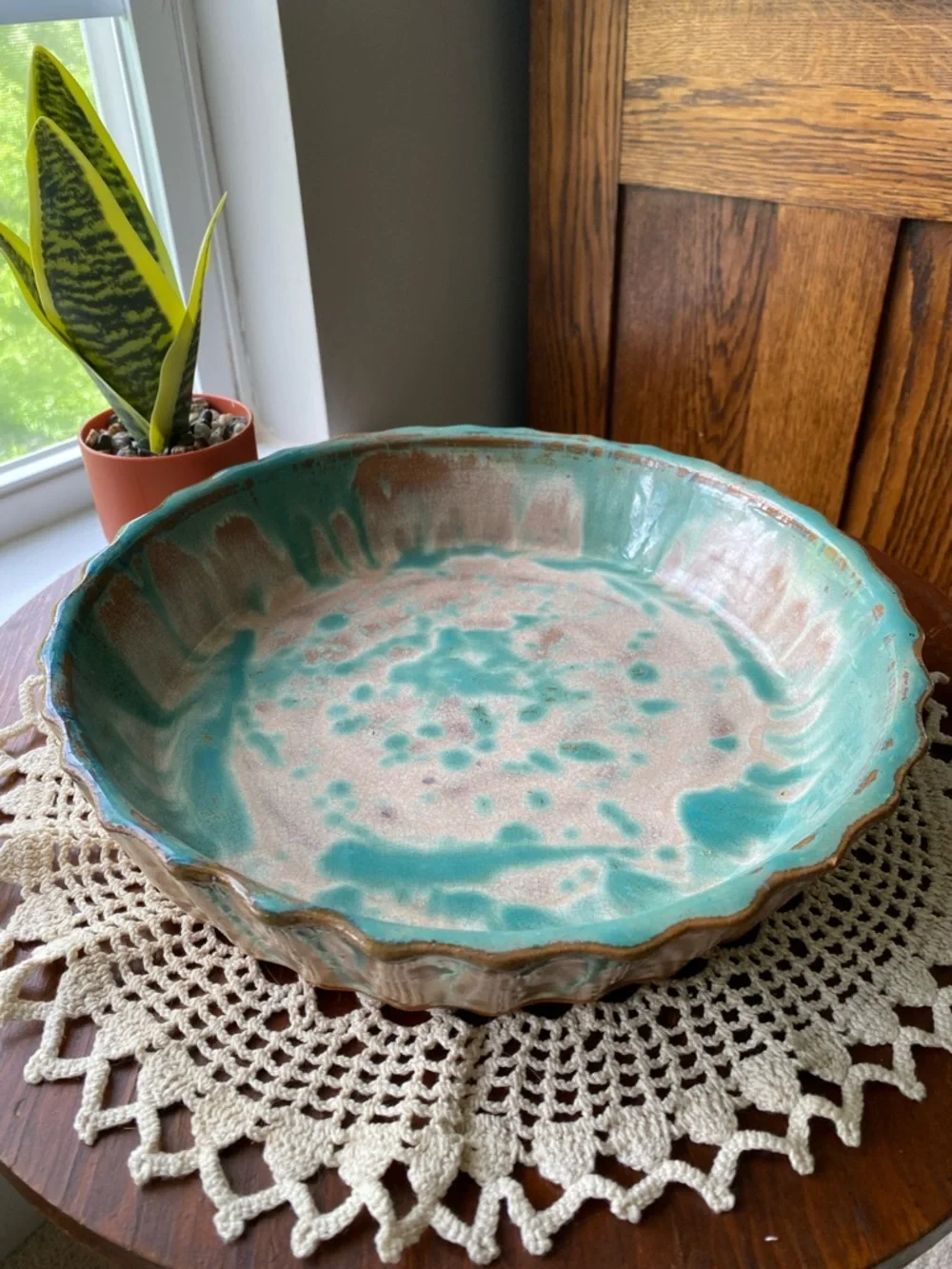 Browns Pottery Handmade Ceramic Pie Dish - Turquoise and Cream Glaze EUC